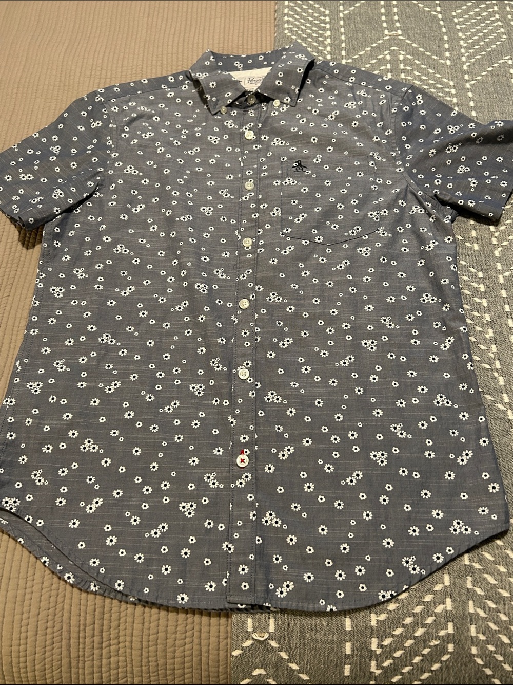 Original Penguin Navy Short-Sleeve Button-Up Shirt with White Floral Print
